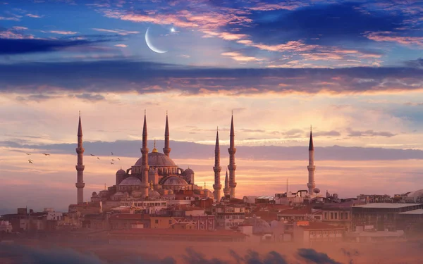 Ramadan-Hintergrund mit Neumond, Stern und Moschee — Stockfoto