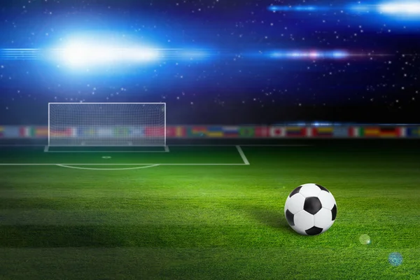 Futball-labda, zöld-stadionban — Stock Fotó