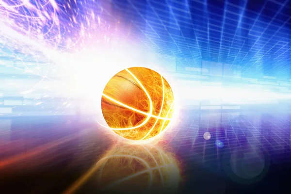 Basketbal met reflectie, gloeiend van kleurrijke lampjes branden en — Stockfoto