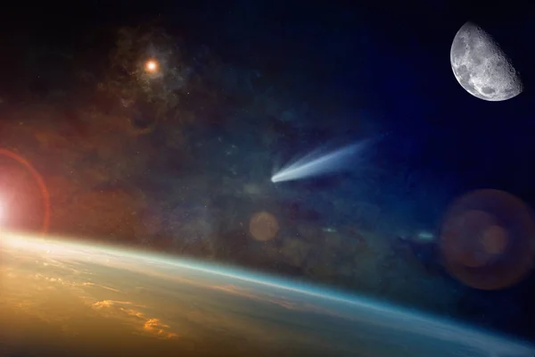 Bright comet approaching to planet Earth in space — Stock Photo, Image