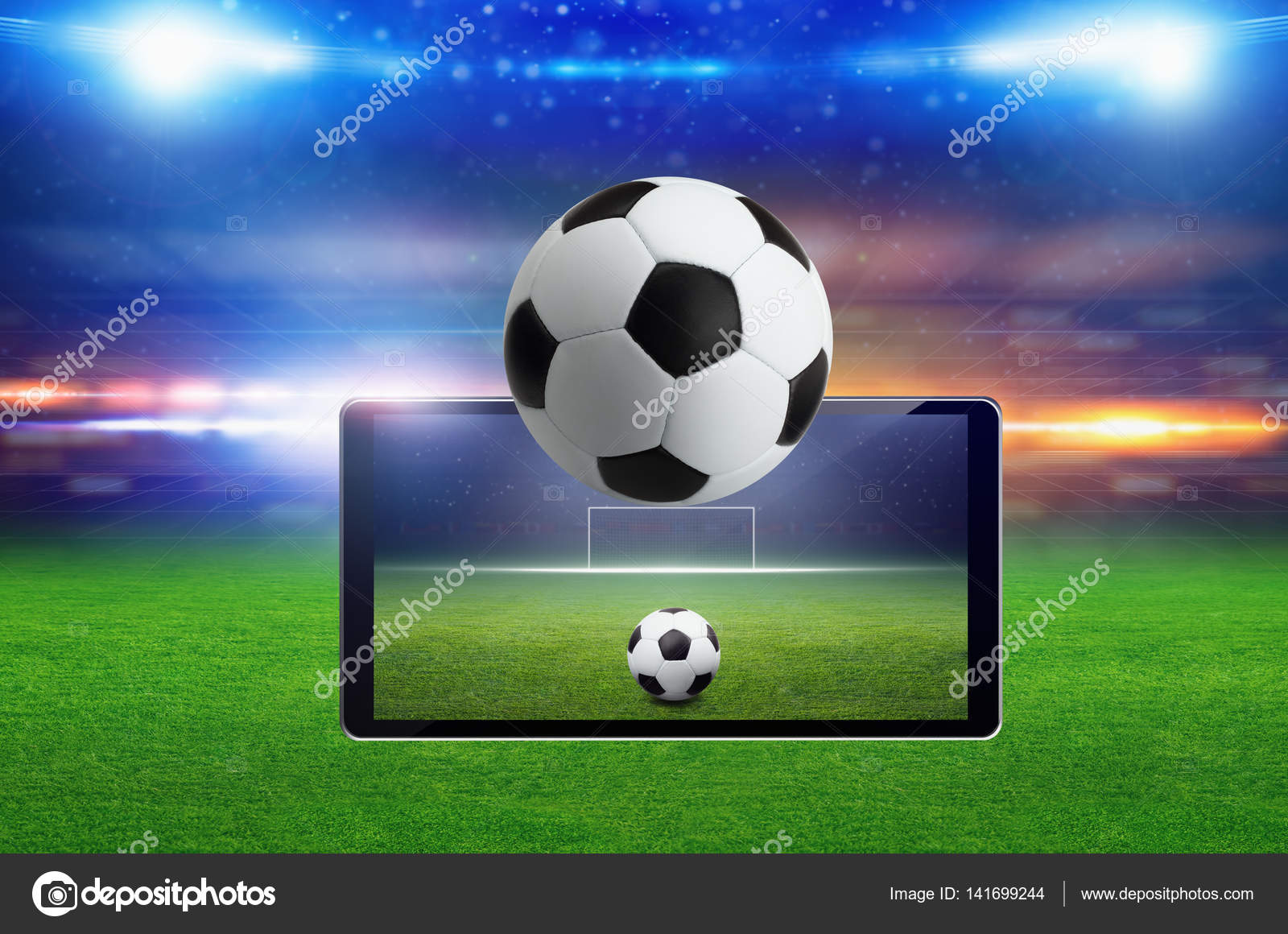 Futebol jogo online conceito, campo de futebol verde, holofotes