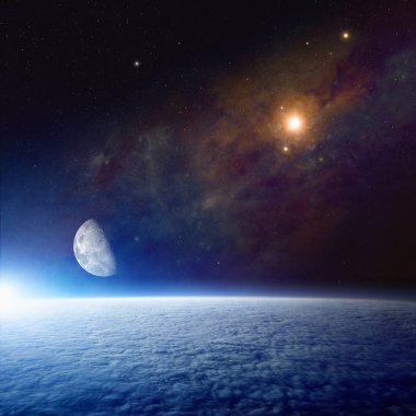 Abstract space background with Earth, moon and supernova clipart