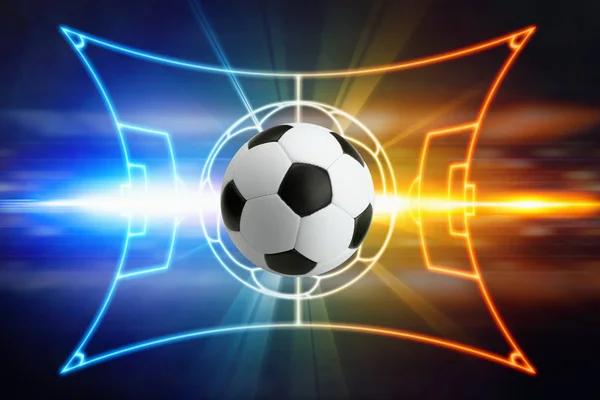 Pallone da calcio, layout del campo di calcio, luci blu e rosse — Foto Stock