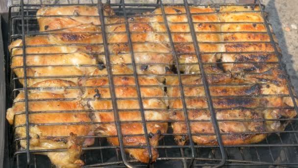 Τηγανητό κοτόπουλο στη σχάρα που μαγειρεύεται πέρα από την καυτή ξυλάνθρακα — Αρχείο Βίντεο