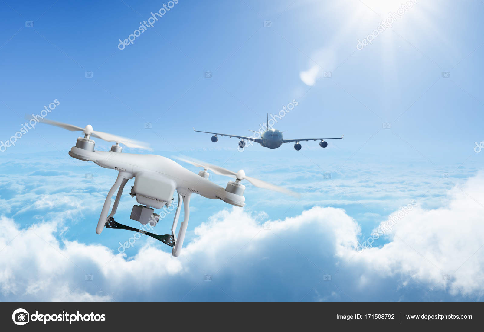 Drone approaches plane in the sky at high altitude — Stock Photo
