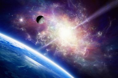 Planet Earth in space, Moon orbits around Earth, spiral galaxy clipart