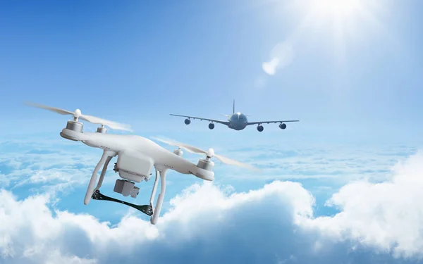 Drone approaches plane in the sky at high altitude — Stock Photo, Image