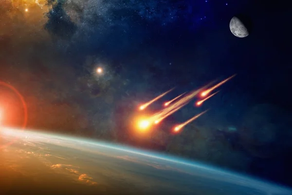 Group of burning exploding asteroids approaches to planet Earth — Stock Photo, Image