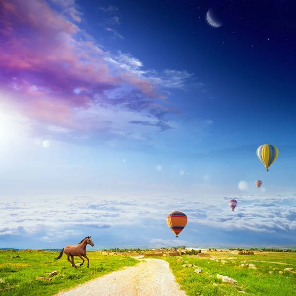 Running horse, flying hot air balloons, bright sunlight and dark — Stock Photo, Image