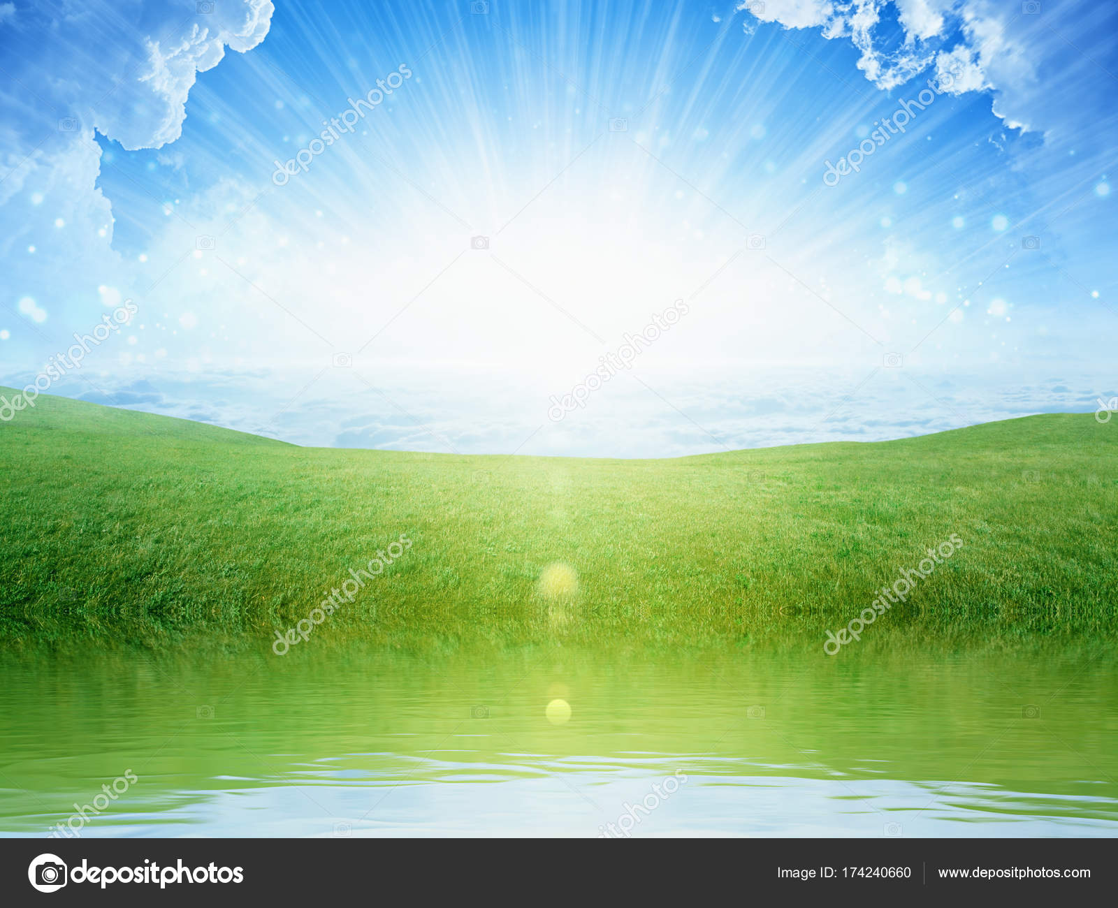 Light from heaven, bright sunlight with reflection in water, gre Stock