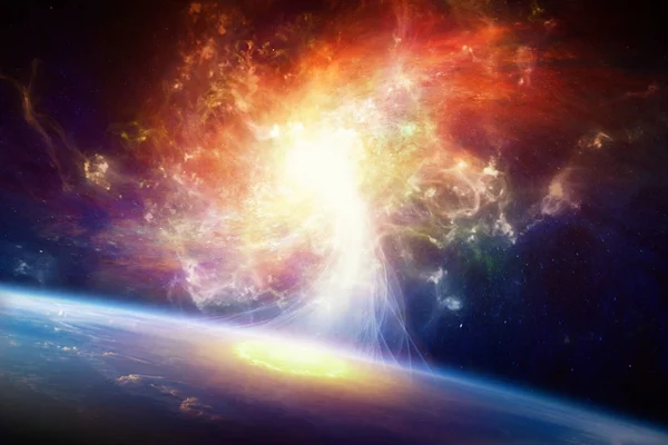 Sci-Fi-Hintergrund - Spiralgalaxie und Planet Erde Stockfoto