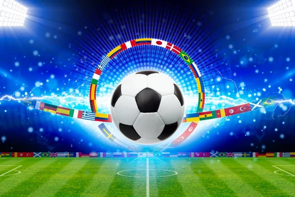 Soccer ball above green stadium with bright spotlights — Stock Photo, Image