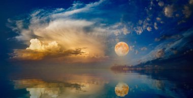 Full moon rising above serene sea in sunset sky clipart