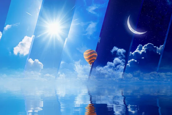 Dia e noite, sol e lua, balão de ar quente voam acima do mar Imagens Royalty-Free