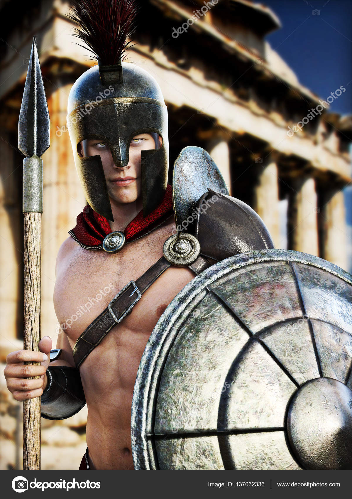 ギリシャの建築の前でポーズをとるスパルタ戦士 写真リアルな3Dモデルシーン — ストック写真 © digitalstorm #137062336, image size:1200x1700