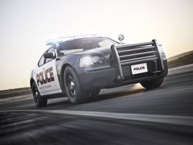 Polis arabası ışıklar tam dizi ile takipte. 3D rendering ile hareket bulanıklığı