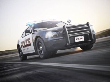 Police car in pursuit with full array of lights. 3d rendering with motion blur clipart