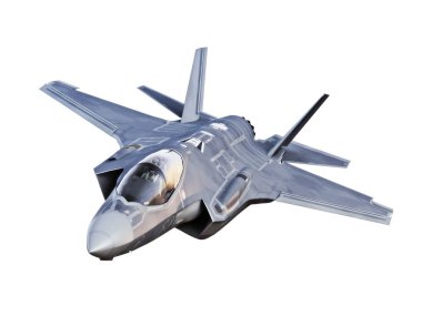 Beyaz bir arka plan üzerinde izole bir F35 jet uçağı açılı görünümü.