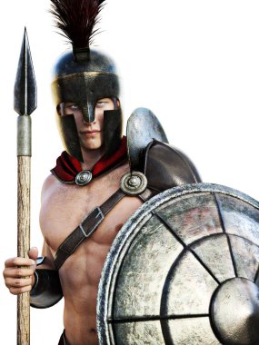 Beyaz bir arka plan üzerinde izole savaş elbiseli Spartalı asker.