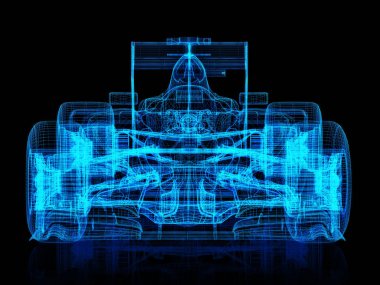 3D tel çerçeve önden görünümü bir formula yarış araba siyah bir arka plan. 3D render