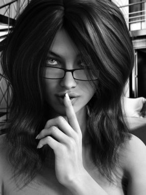 Seksi güzel esmer kadın gizli ve baştan çıkarıcı, arka planda bir yatak odası ile kameraya bakıyor olmak. 