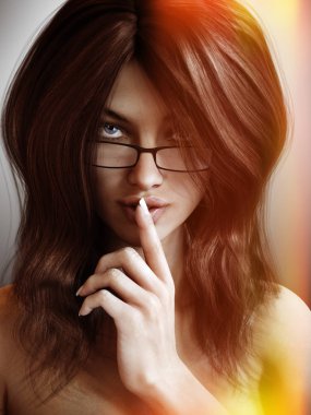 Seksi güzel esmer kadın gizli ve baştan çıkarıcı, ışık efektleri ile kameraya bakıyor olmak