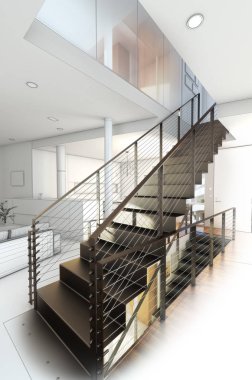 Bir merdiven salon, 3d render tel çerçeve kavramları tasarım kroki