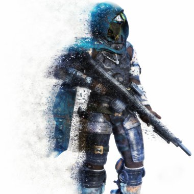 Futuristic Marine Soldier on a white background with splatter dispersion effect.  clipart