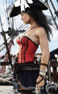 Profile of a sexy Pirate female on the deck of her ship clipart