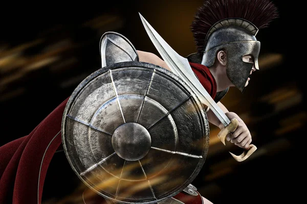 Carga Espartana Guerreiro Espartano Ataque Vestido Batalha Foto Realista Cena — Fotografia de Stock