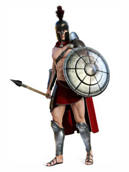 Espartano Ilustração Completa Espartano Vestido Batalha Posando Sobre Fundo Branco — Fotografia de Stock