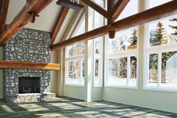 Розкішний Відкритий Підлогу Порожній Дизайн Інтер Єру Кабіни Каміном Зимовий — стокове фото