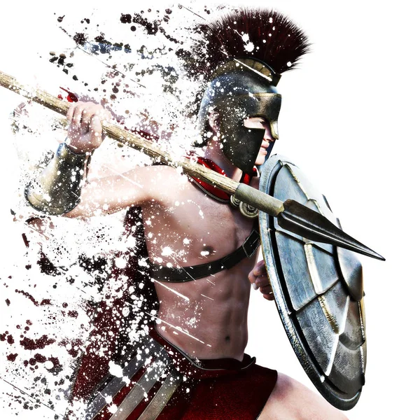 Spartan attack,illustration of a Spartan warrior in Battle dress attacking on a white background with splatter effect. — Stock Photo, Image