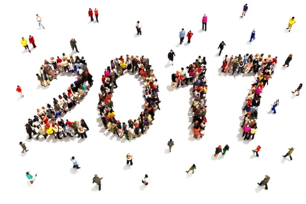 Traer el nuevo año. Gran grupo de personas en forma de 2017 celebrando un nuevo concepto de año sobre un fondo blanco — Foto de Stock