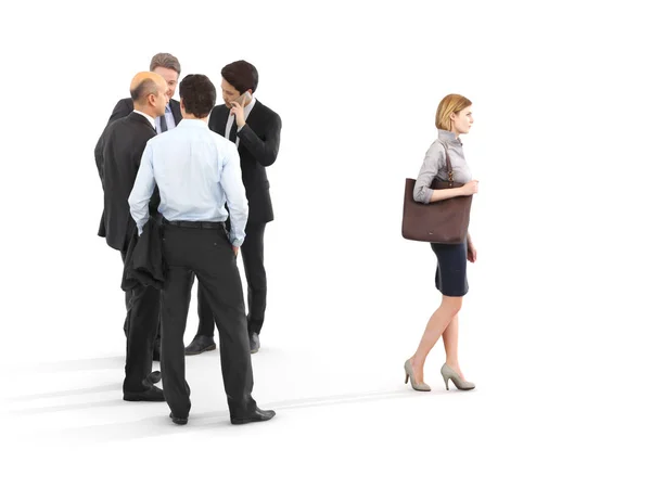 Image of a group of businessmen standing with a businesswoman walking in front. Leading the way, diversity or harassment concept. — Stock Photo, Image