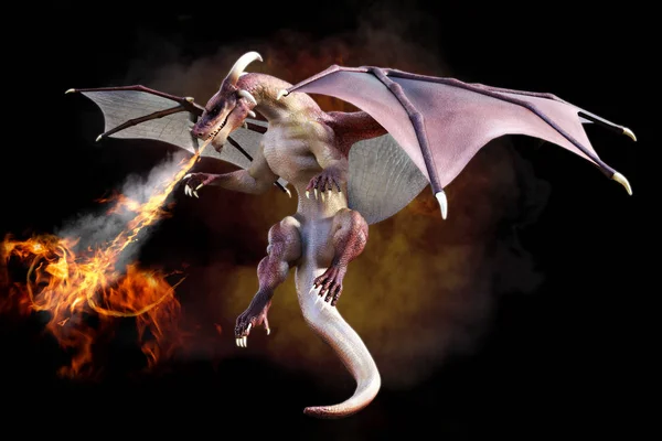 Fantasy jelenetben egy tüzet fúj színátmenet füst fekete alapon vörös sárkány. — Stock Fotó