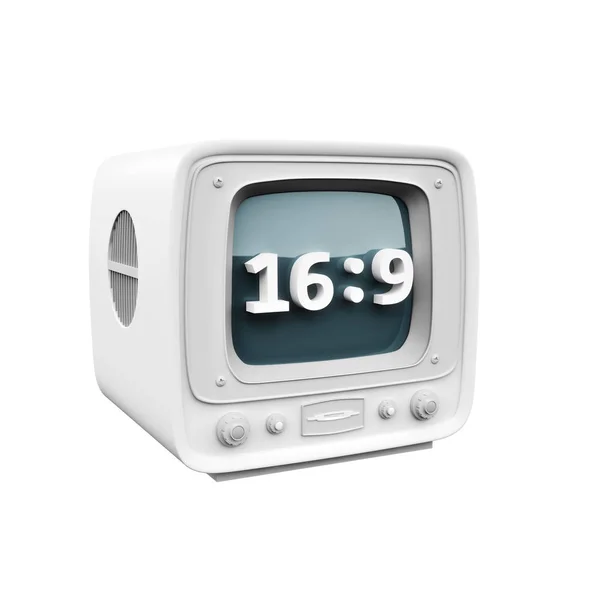 Télévision rétro avec un symbole d'icône de ration d'aspect HD 16 : 9 sur fond blanc . — Photo