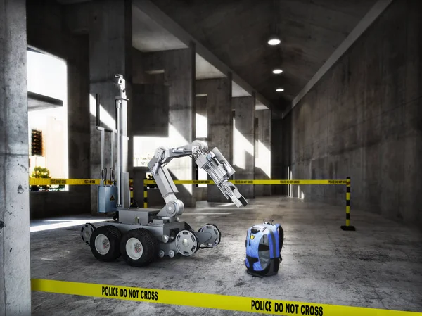 Politie Gecontroleerd Bom Ploeg Robot Inspectie Van Een Verdachte Rugzak — Stockfoto