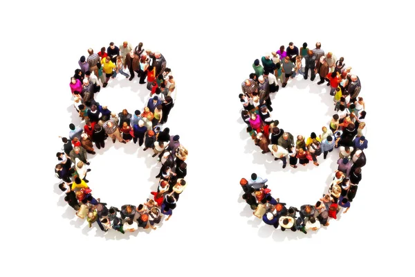 Pessoas que formam a forma como um número 3d oito (8) e nove (9) símbolo em um fundo branco . — Fotografia de Stock