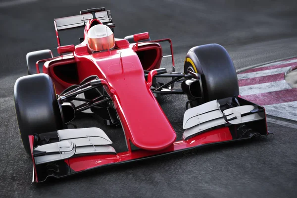 Carro de corrida de esportes motorizados Vista frontal angular acelerando uma pista  . — Fotografia de Stock