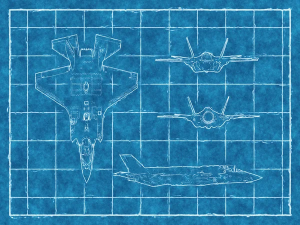 Entwurf eines Düsenflugzeugs mit vier Ansichten. — Stockfoto