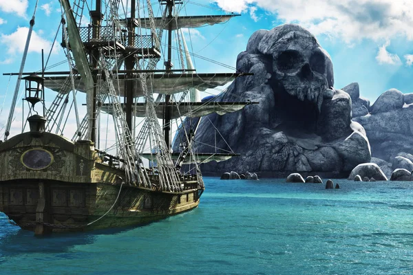 Zoeken naar schedel eiland. Piraat of handelaar zeilschip verankerd in de buurt van een mysterieuze schedel eiland. — Stockfoto