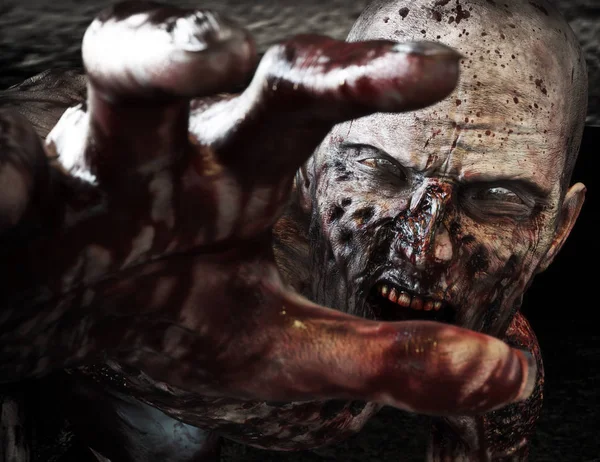 Retrato de cerca de un horrible zombie asustadizo atacando, alcanzando a su víctima desprevenida. Horror. Halloween . — Foto de Stock