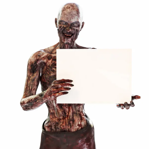 Zombie undead holding a blank advertisement sign card on a isolated white background with room for text or copy space event advertisement. — Stock Photo, Image
