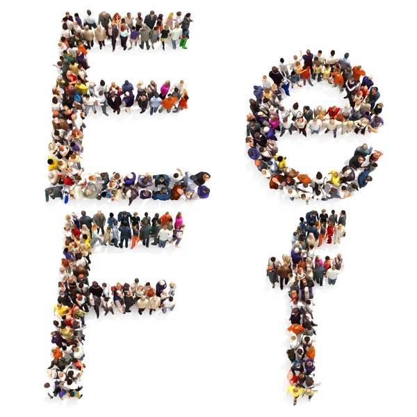 Samling av en stor grupp människor bildar den bokstaven E och F i både övre och nedre fallet isolerad på en vit bakgrund. — Stockfoto