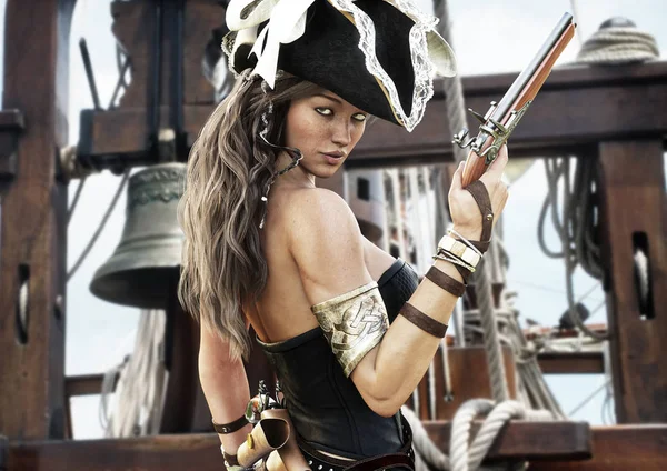 Perfil de uma mulher pirata sexy no convés de seu navio — Fotografia de Stock