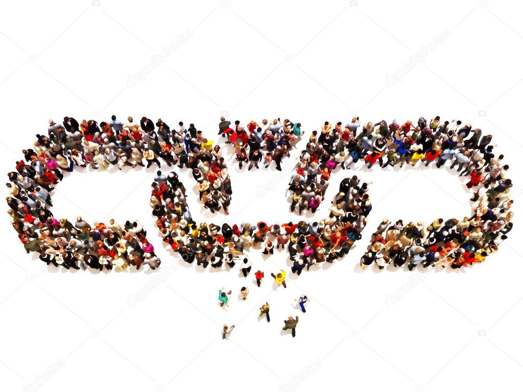 Large group of people forming a chain with a few forming the missing link.