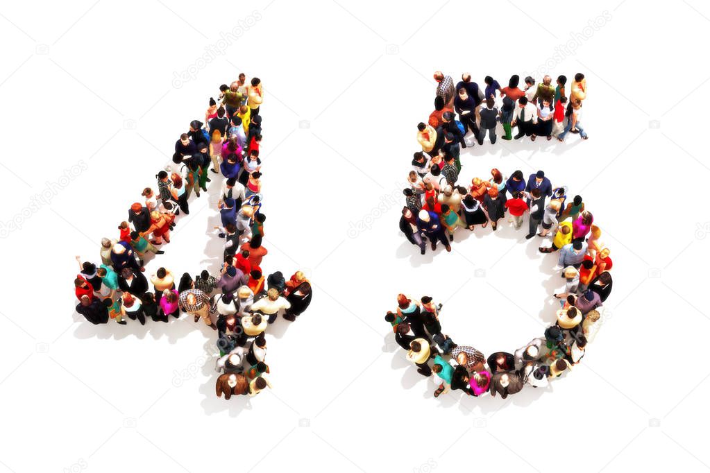 People forming the shape as a 3d number four (4) and five (5) symbol on a white background