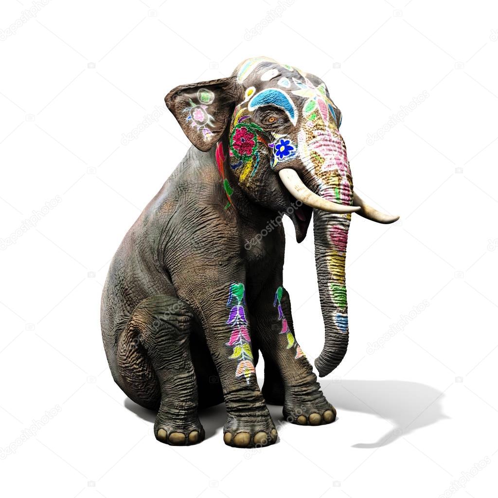 Colorful decorated elephant with large tradition in India sitting down with a isolated white background. 