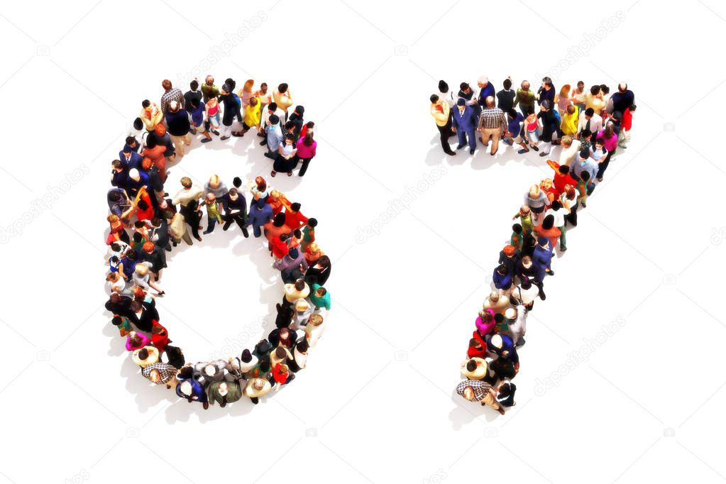 People forming the shape as a 3d number six (6) and seven (7) symbol on a white background. 